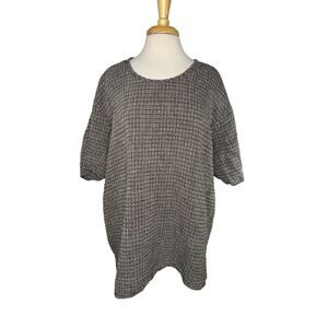 FLAX Brown Woven Windowpane 100% Linen Short Sleeve Blouse Size 3G (24-26) 3X